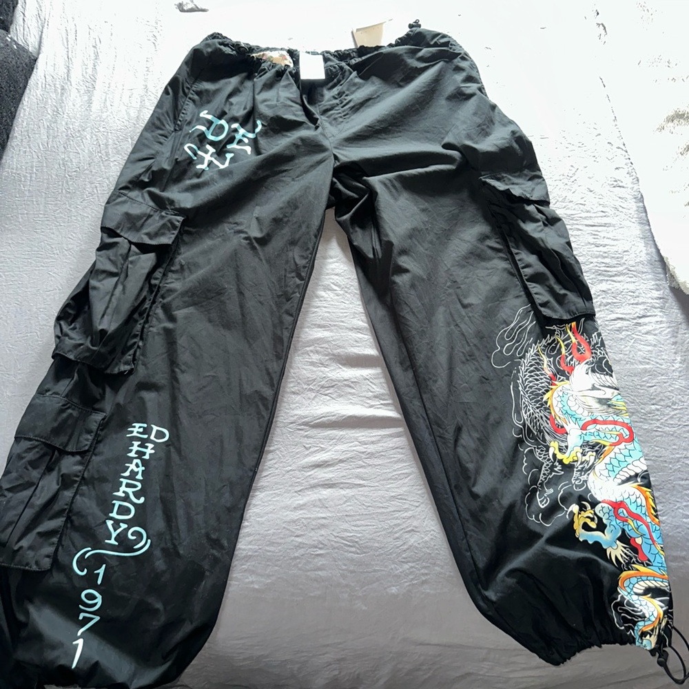 Brand new Ed Hardy Black Cargo Pants with Colorful Dragon Design
